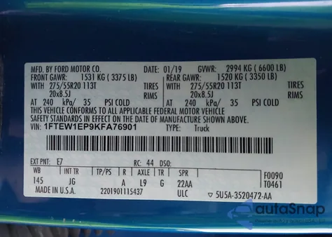 2019 Ford F-150 Xl from USA, damaged, VIN 1FTEW1EP9KFA76901